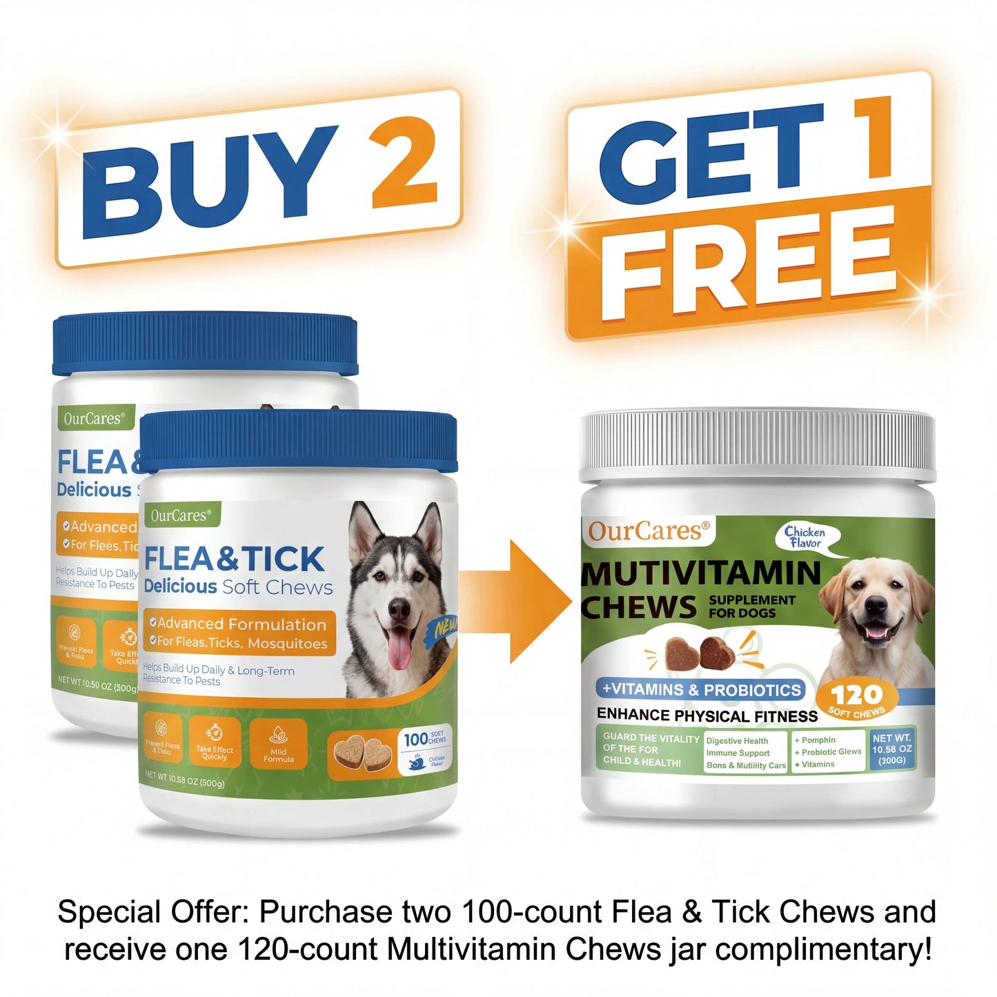 OURCARES Dog FLEA& TICK Prevention Formula Upgrade 100 Soft Chews Treats for Dog Plant-Based with Coconut Oil Flaxseed Oil -Vet-Reviewed Premium Ingredients for All Breeds
