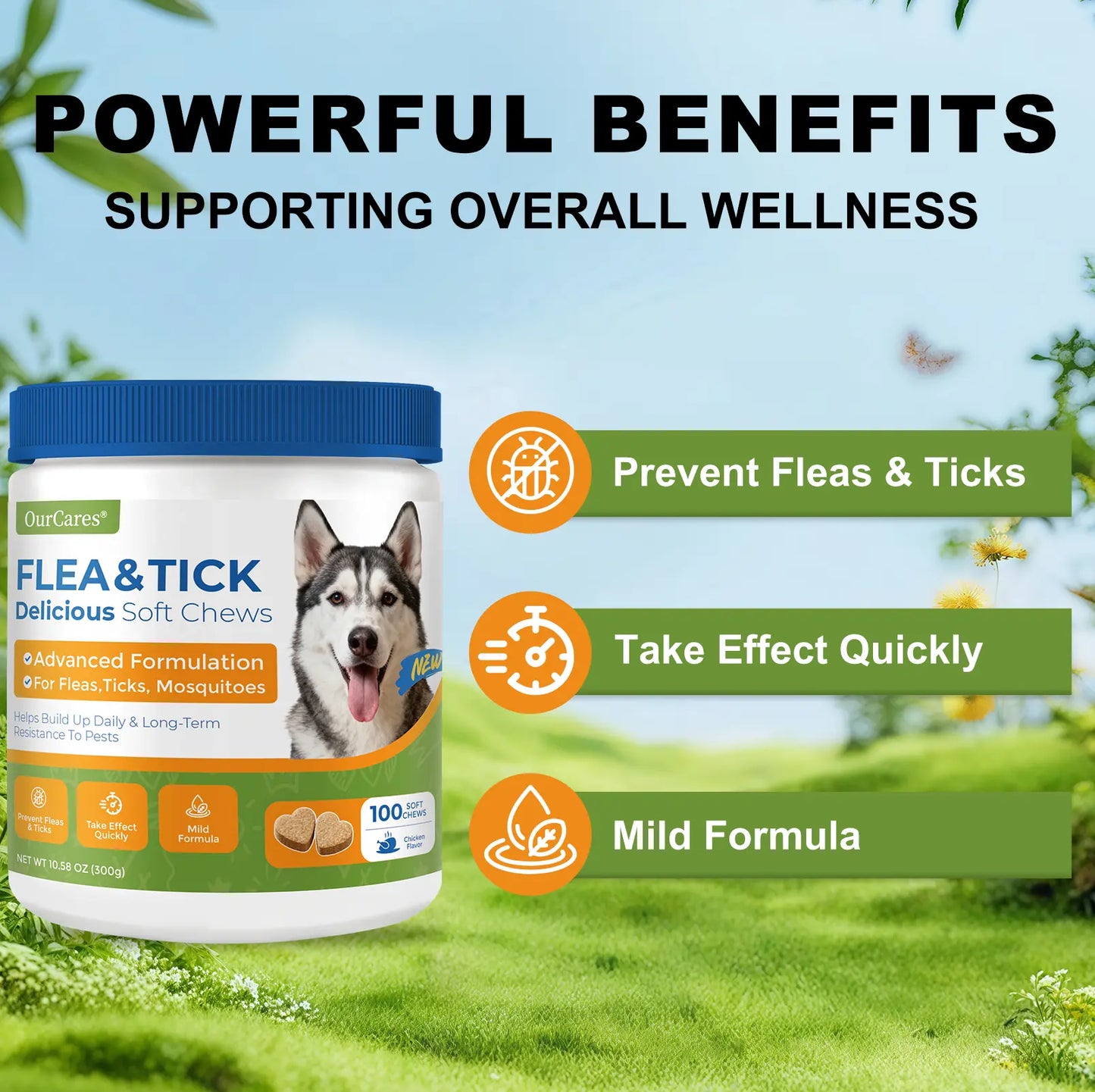 OURCARES Dog FLEA& TICK Prevention Formula Upgrade 100 Soft Chews Treats for Dog Plant-Based with Coconut Oil Flaxseed Oil -Vet-Reviewed Premium Ingredients for All Breeds