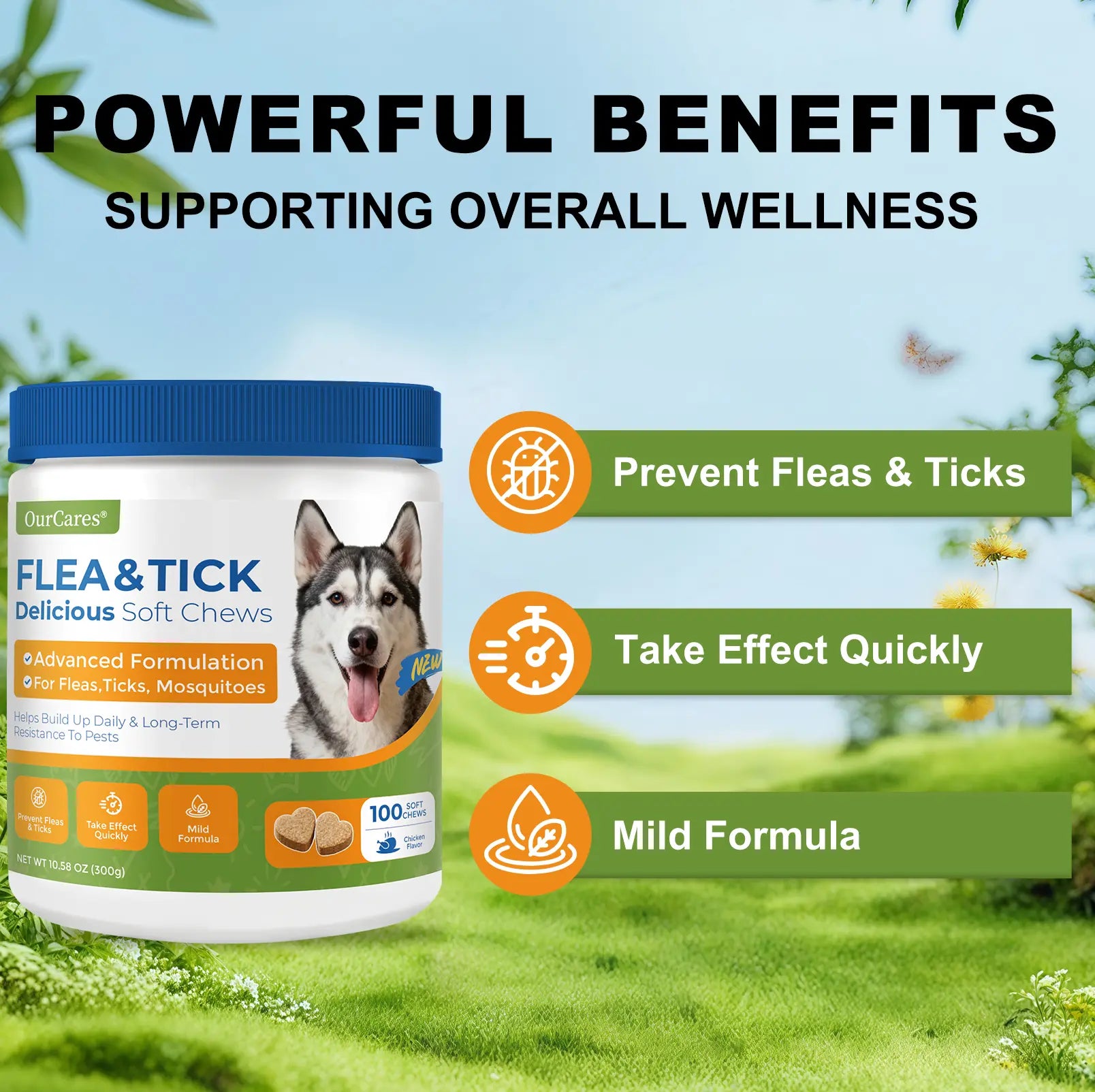 OURCARES Dog FLEA& TICK Prevention Formula Upgrade 100 Soft Chews Treats for Dog Plant-Based with Coconut Oil Flaxseed Oil -Vet-Reviewed Premium Ingredients for All Breeds