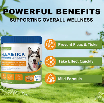 OURCARES Dog FLEA& TICK Prevention Formula Upgrade 100 Soft Chews Treats for Dog Plant-Based with Coconut Oil Flaxseed Oil -Vet-Reviewed Premium Ingredients for All Breeds