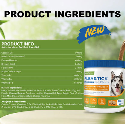OURCARES Dog FLEA& TICK Prevention Formula Upgrade 100 Soft Chews Treats for Dog Plant-Based with Coconut Oil Flaxseed Oil -Vet-Reviewed Premium Ingredients for All Breeds