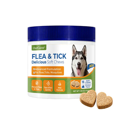 OURCARES Dog FLEA& TICK Prevention Formula Upgrade 100 Soft Chews Treats for Dog Plant-Based with Coconut Oil Flaxseed Oil -Vet-Reviewed Premium Ingredients for All Breeds