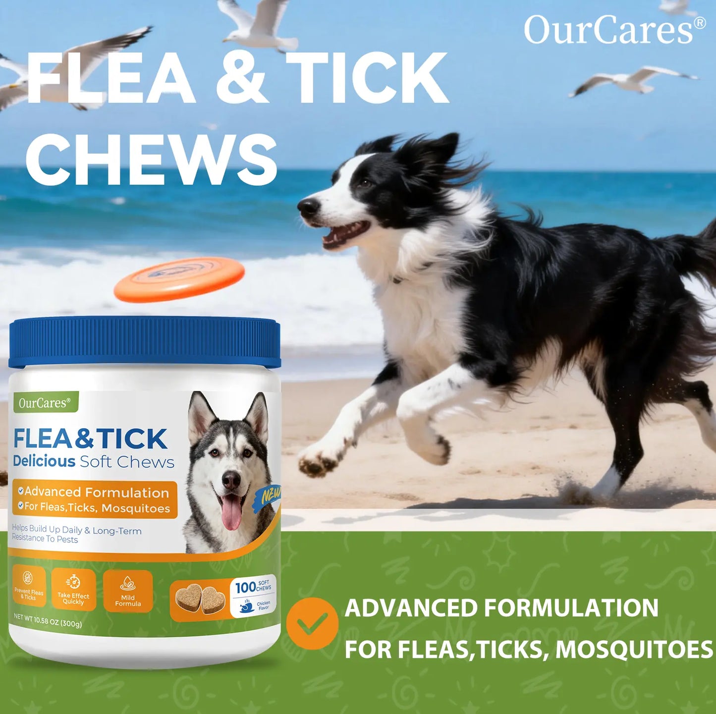 OURCARES Dog FLEA& TICK Prevention Formula Upgrade 100 Soft Chews Treats for Dog Plant-Based with Coconut Oil Flaxseed Oil -Vet-Reviewed Premium Ingredients for All Breeds