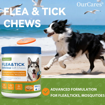 OURCARES Dog FLEA& TICK Prevention Formula Upgrade 100 Soft Chews Treats for Dog Plant-Based with Coconut Oil Flaxseed Oil -Vet-Reviewed Premium Ingredients for All Breeds
