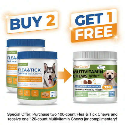 OURCARES Dog FLEA& TICK Prevention Formula Upgrade 100 Soft Chews Treats for Dog Plant-Based with Coconut Oil Flaxseed Oil -Vet-Reviewed Premium Ingredients for All Breeds
