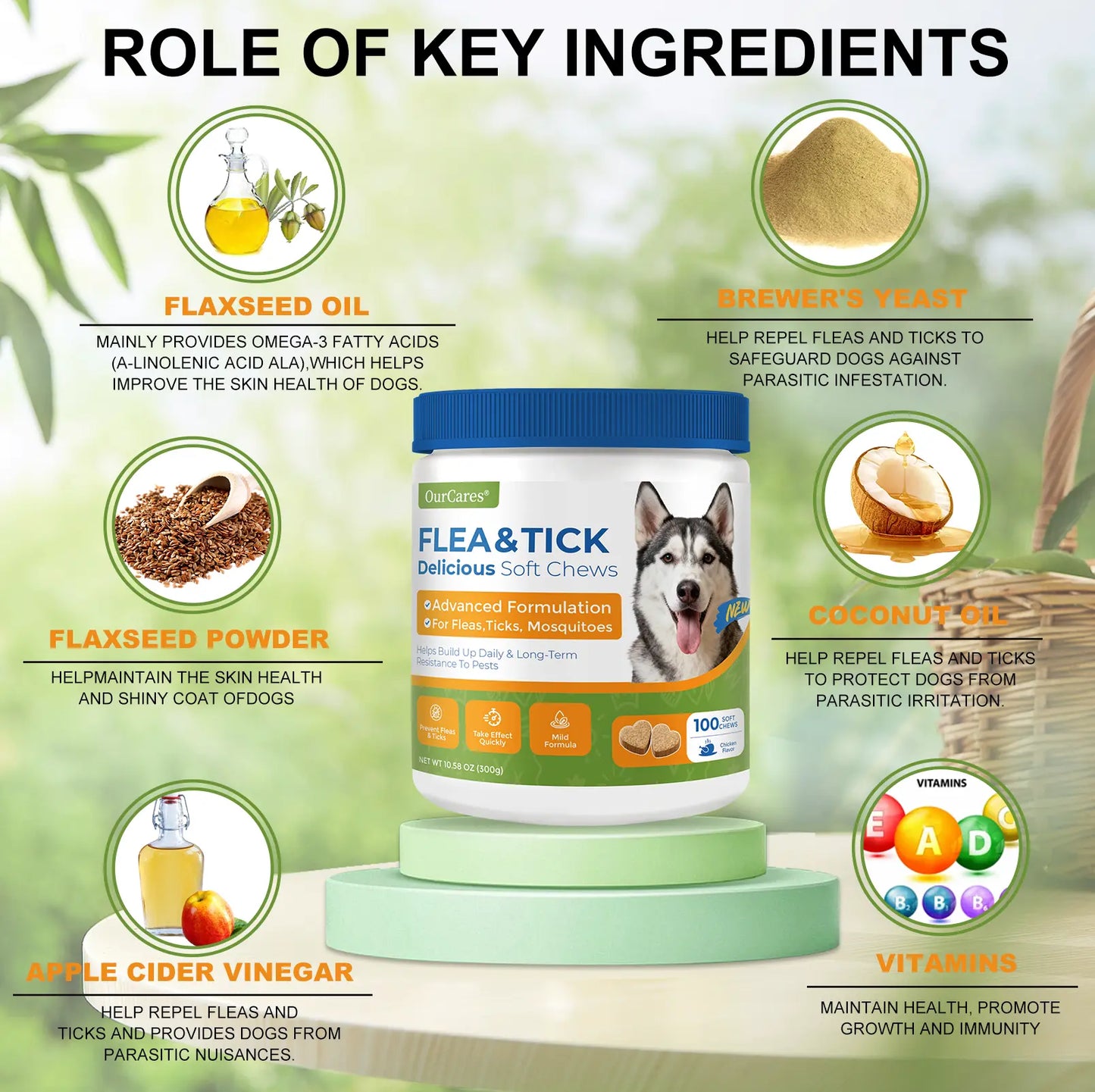 OURCARES Dog FLEA& TICK Prevention Formula Upgrade 100 Soft Chews Treats for Dog Plant-Based with Coconut Oil Flaxseed Oil -Vet-Reviewed Premium Ingredients for All Breeds