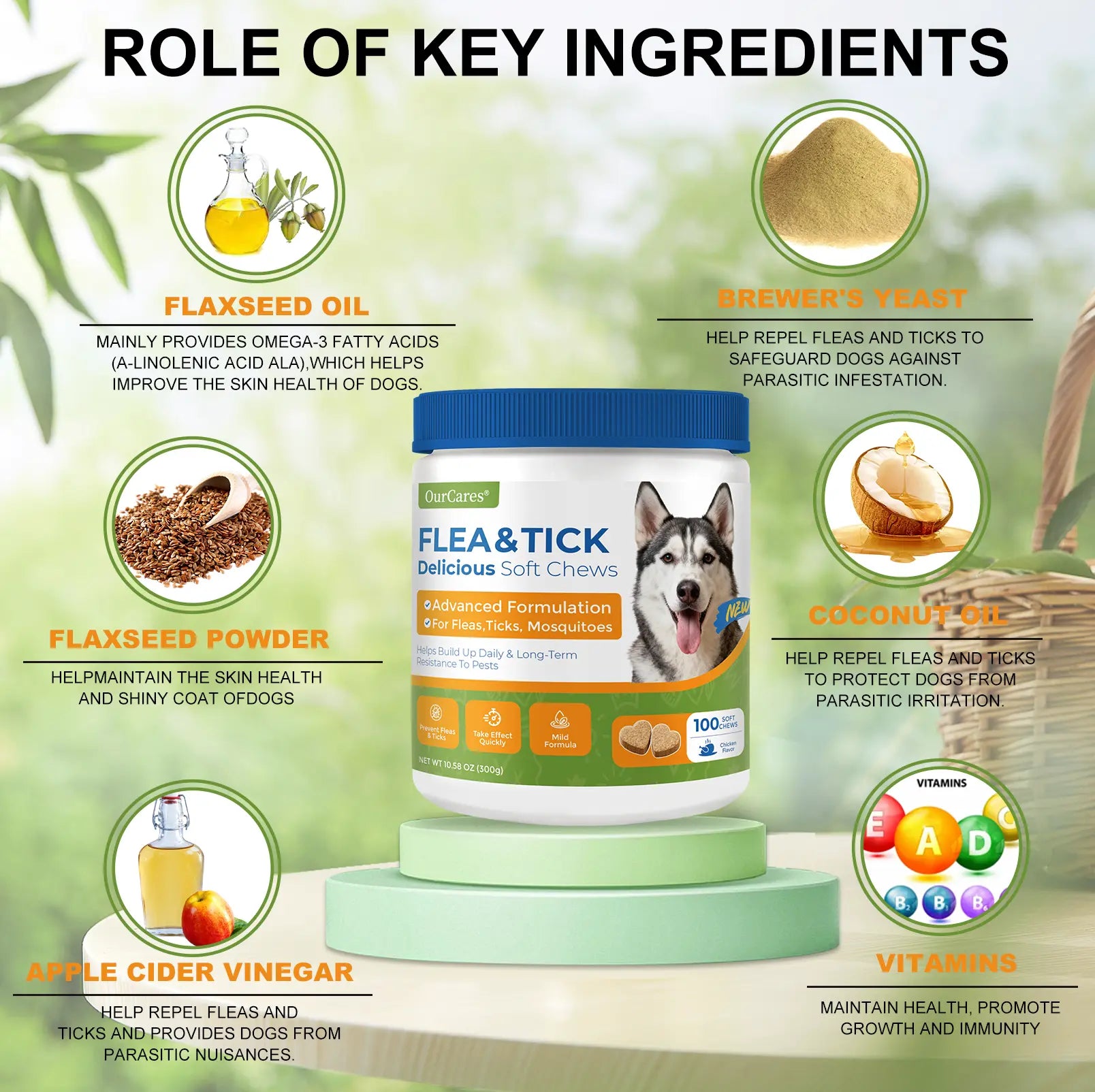 OURCARES Dog FLEA& TICK Prevention Formula Upgrade 100 Soft Chews Treats for Dog Plant-Based with Coconut Oil Flaxseed Oil -Vet-Reviewed Premium Ingredients for All Breeds