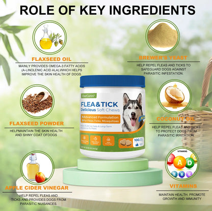 OURCARES Dog FLEA& TICK Prevention Formula Upgrade 100 Soft Chews Treats for Dog Plant-Based with Coconut Oil Flaxseed Oil -Vet-Reviewed Premium Ingredients for All Breeds
